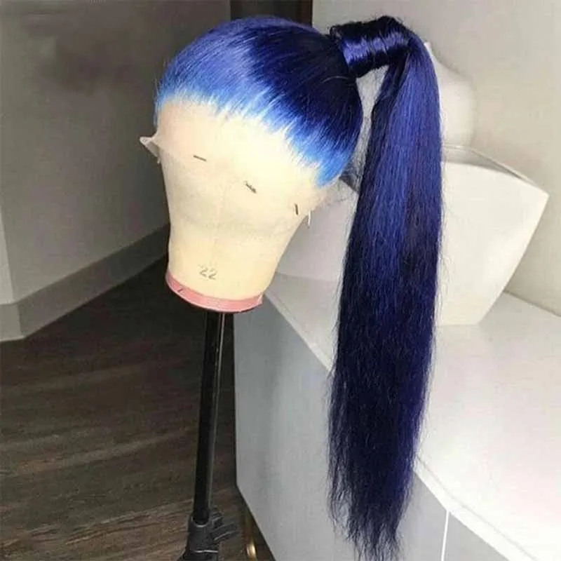 Синий парик Цветной шнурка человеческих волос парик с детскими волосами бразильский прямые 13x6 Кружева Фронтальные закрытие парик 150% волосы Remy
