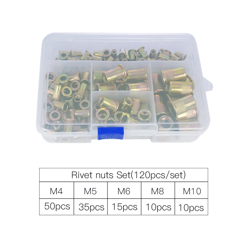 120 шт./компл. M4 M5 M6 M8 M10 оцинкованная с накаткой Rivnut плоской головкой заклепки с резьбой деревянная вставка Кепки вставка мебельная гайка ассортимент