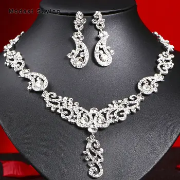 

Luxury Bridal Jewelry Sets 2019 with Crystal Wedding Necklace and Stud Earrings Wedding Accessories Engagement Prom Jewelry