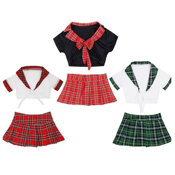 FEESHOW Women Schoolgirl Uniform Crop Top and Plaid Skirt Cosplay Costume for Lingerie Role playing anime school girl uniform costume