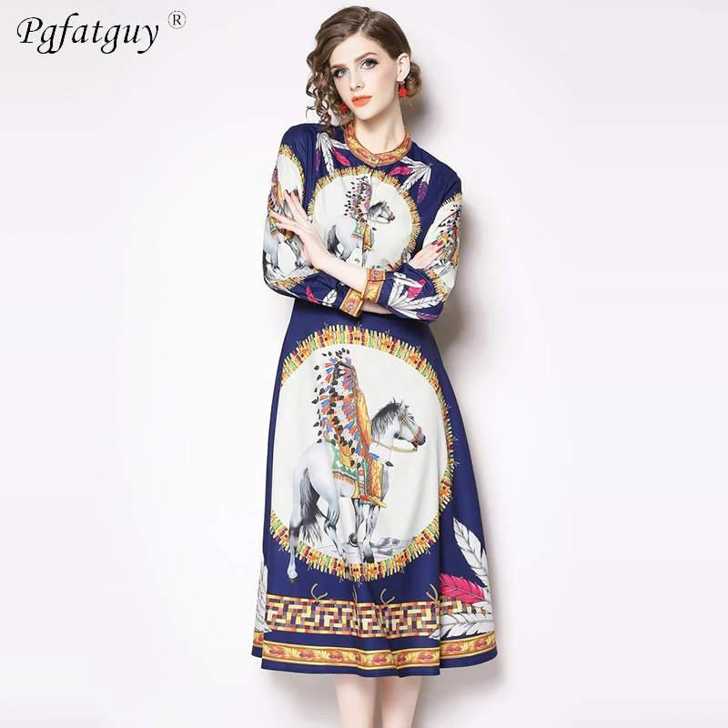 

2019 Women Spring Stand Collar Dress Boho Style Horse Printing Office Dress Temperament Loose Ankle Length Party Dress Vestidos