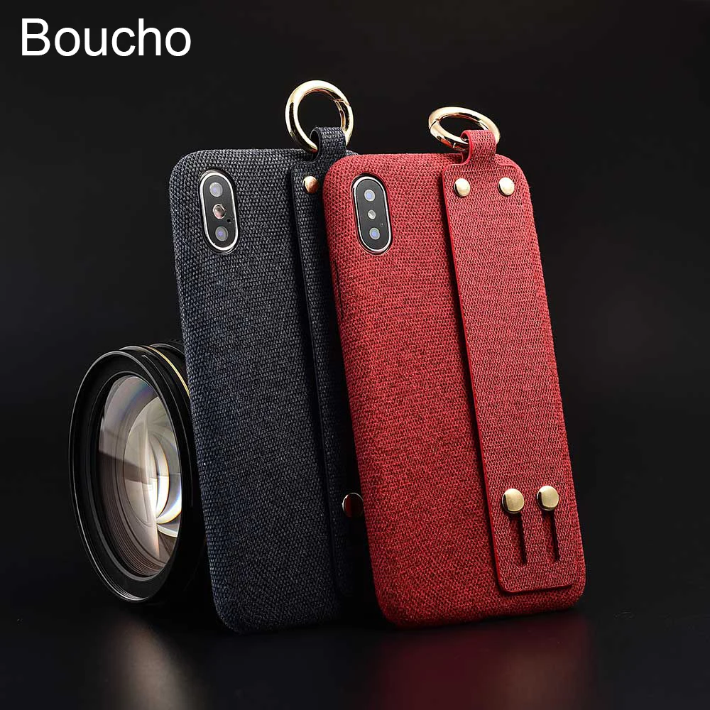 

Boucho Fashion Solid Color Cloth Wrist Strap Phone Case For iphone X XR XS MAX Phone Holder Cases For iphone 6 6s 7 8 Plus Cover