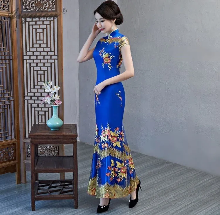 Синий Винтаж Cheongsam кружево Традиционный китайский стиль вечернее платье цветок Qipao Вышивка Длинные восточные невесты традиции