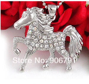 

20pcs a lot alloy rhodium plated fashion crystal horse pendant necklace jewelry