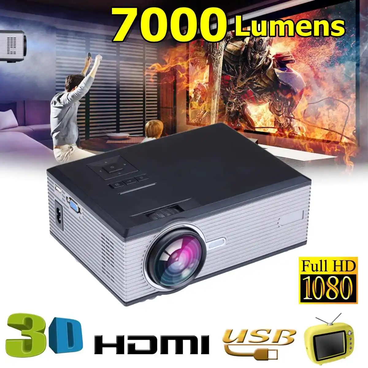 

1080P LED Video Projector for Home Theater7000Lumensupport Full HD Mini projector HDMI/USB/SD/AV/VGA HOME CINEMA