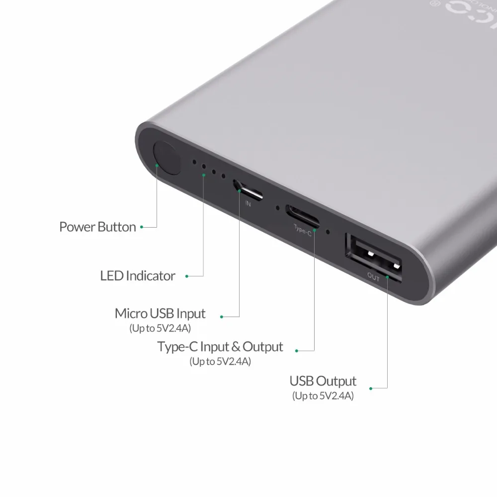 ORICO T1 10000mAh Power Bank Type-C Dual Output External Battery Fast Charger for Samsung Xiaomi Huawei