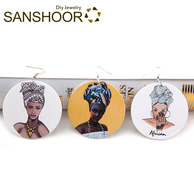 

SANSHOOR Afrocentric Natural Hair Wood Drop Earrings African Headwrap Blacks Pattern For Women Christmas Gifts 6Pairs/lot