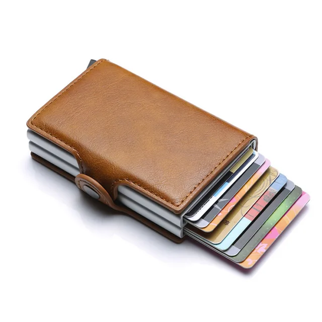 Europe Designer RFID Protection Men's Leather Credit Card Holder Double Aluminum Bank Card Protector Case ID Wallet For Man 3