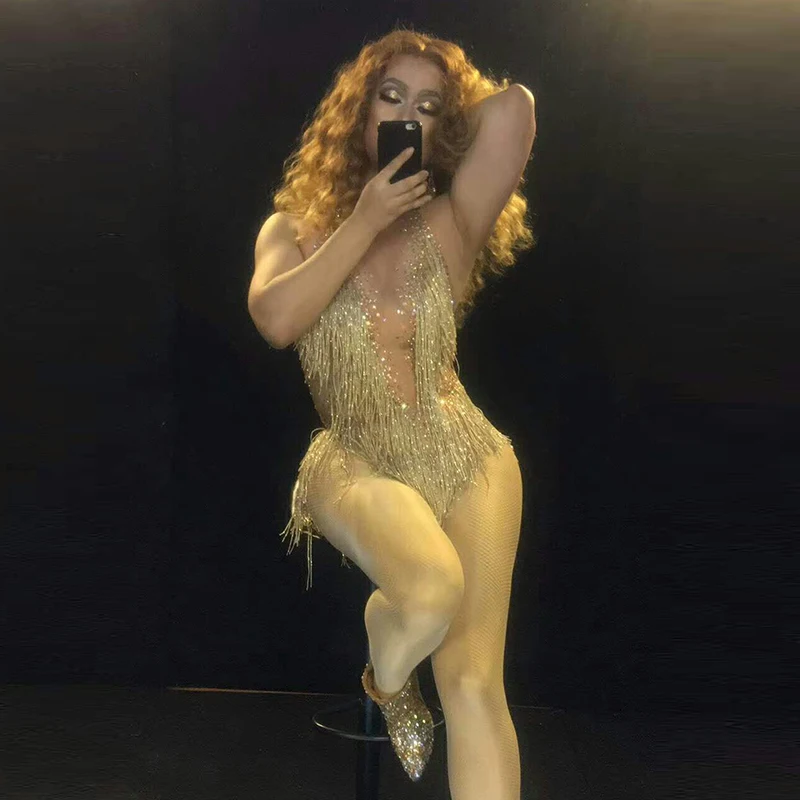 

new Sparkly Gold Rhinestones Tassel Bodysuit Female Singer DJ Sexy Stage Costume One Piece Leotard Dance Wear Crystals Outfit