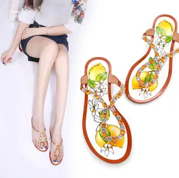 

Carpaton Summer Fashion Flat Shoes Woman Crystal Embellished Slippers Fruits Printed Thong Slides for Woman Beach Wearing Shoes