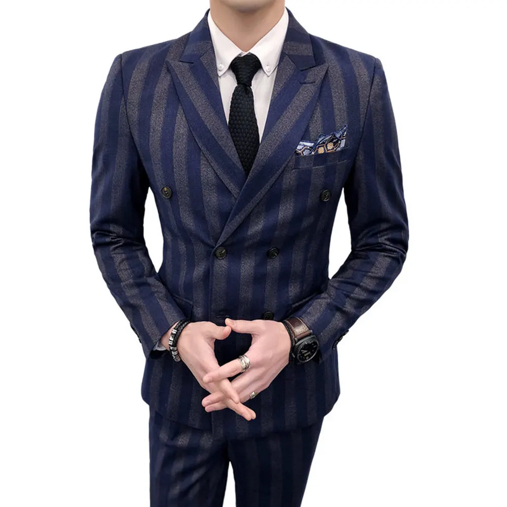 

(Tops + Pants + Vests) Suits Men's Double Breasted Groom Wedding Dresses Korean Slim Striped Small Suits Male 3 piece Groomswear