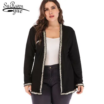 

Plus size women's loose jacket coat solid black color long sleeve women jacket causal beading outwear women jacket 2292 50