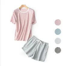 Летняя домашняя одежда для пары, Повседневная Пижама в полоску, комплекты для женщин, хлопковое белье, костюм для сна, женская футболка с круглым воротником+ шорты