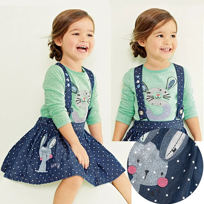 

2015 New Spring Autumn Baby Girls Dress Clothes Children cute rabbit shirt+ Dot denim strap dress 1t~6