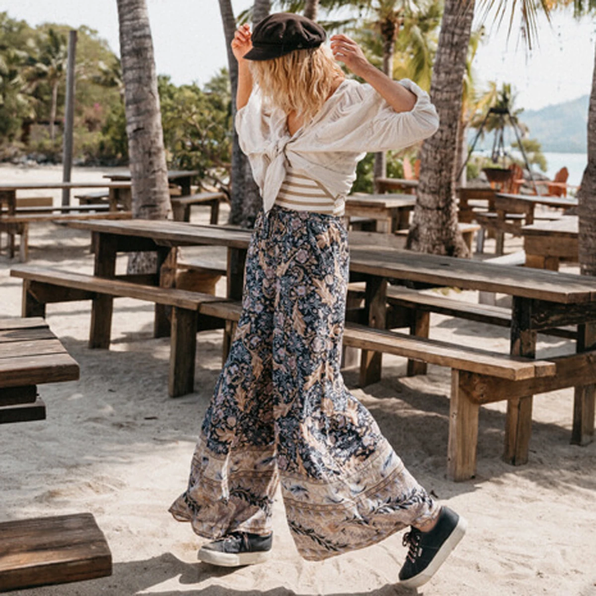

Jastie Boho Heavenly Oasis Palazzo Pants Elastic Waist Pants Summer 2019 Casual Wide Leg Pants Beach Women Pants Long Trousers