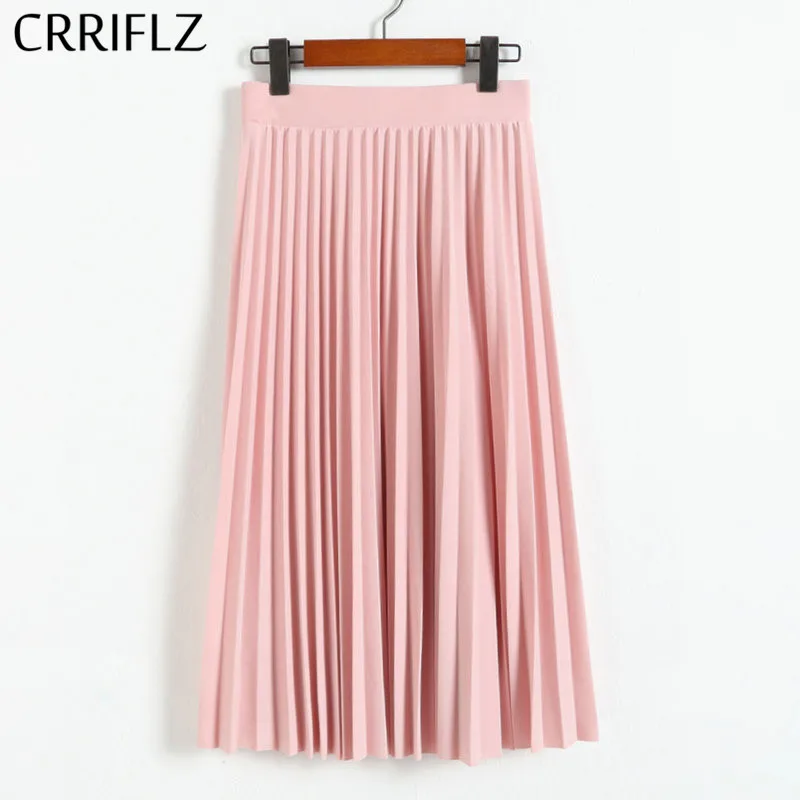 

CRRIFLZ 2019 Spring Autumn Fashion Women's High Waist Pleated Solid Color Half Length Elastic Skirt Promotions Lady Black Pink