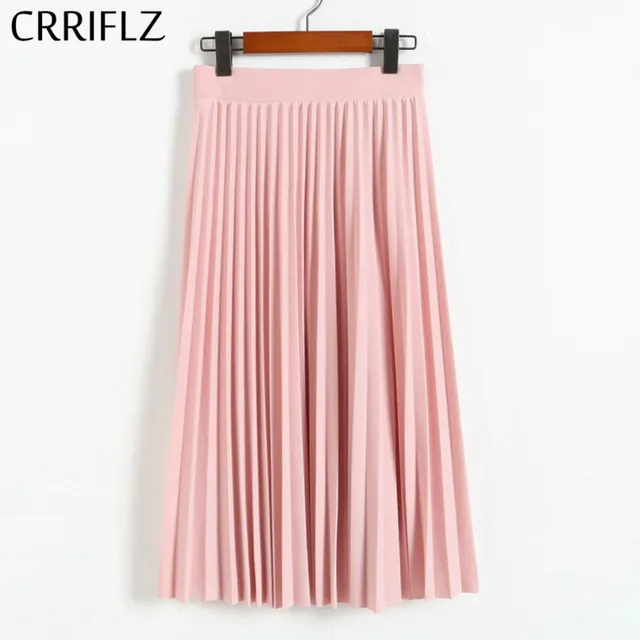 US $7.38 CRRIFLZ Spring Autumn Fashion Women's High Waist Pleated Solid Color Half Length Elastic Skirt Prom
