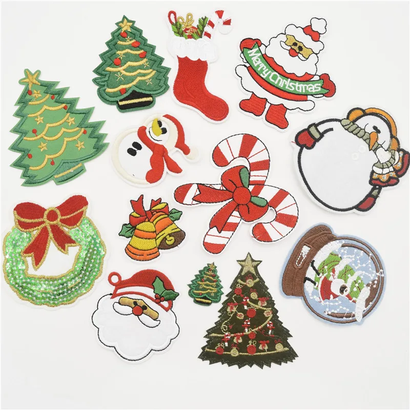 

13pcs Sequin Christmas Santa Claus snowman Reindeer trees stocking Bow clothes patches iron on Applique Embroidery