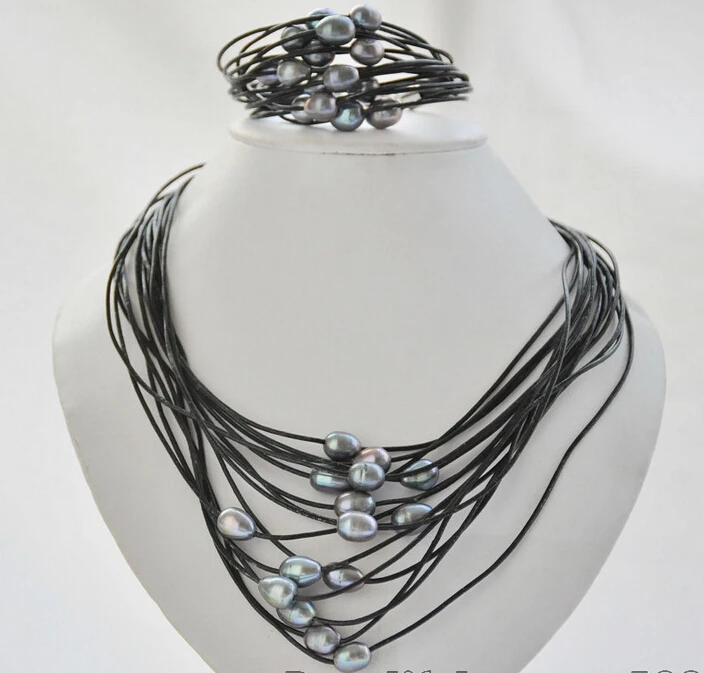 

z7028 15Strds 13mm BLACK rice pearl BLACK leather necklace & bracelet (A0423)