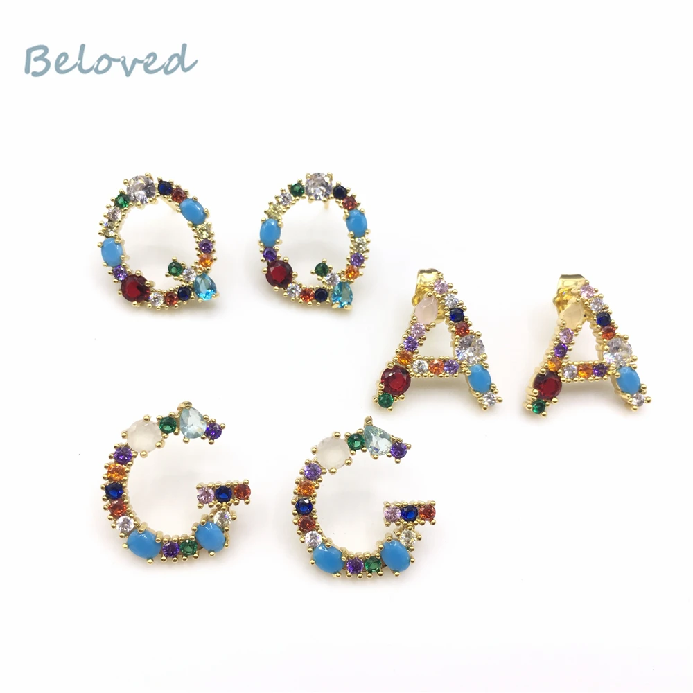 

Fashion Micro Pave Cubic Zirconia Letter Stud Earrings, Rainbow CZ Alphabet Women GiftS,BG18316