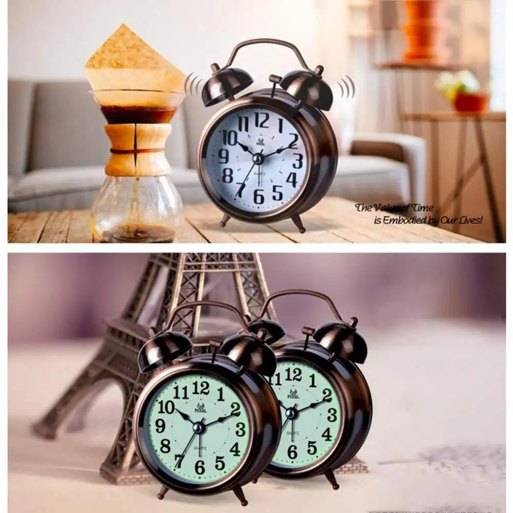 

European Style Retro Small Alarm Clock Luminous Twin Ringing Bell Electroplated Copper Alarm Clock For Bedroom