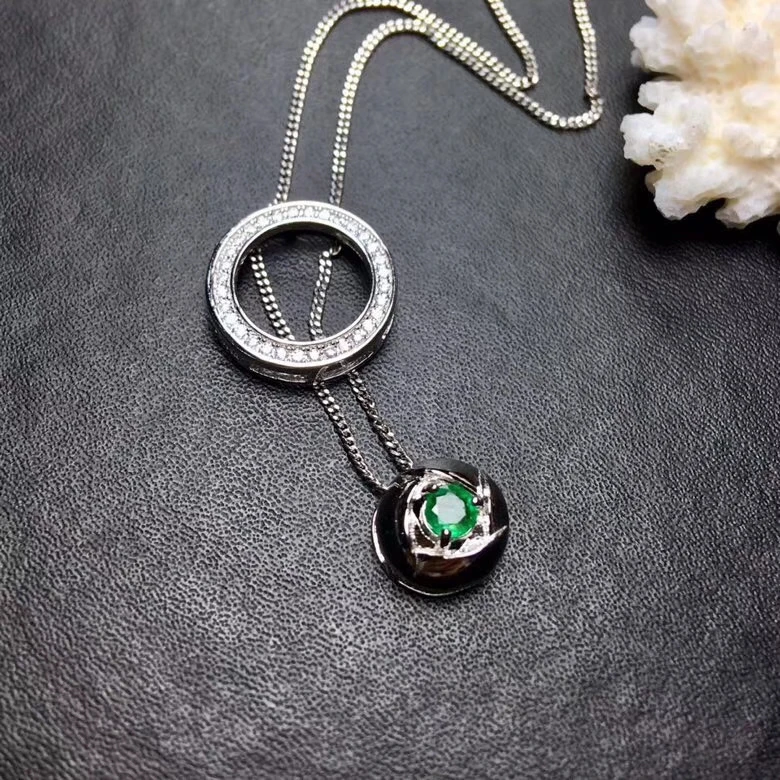 Naturel vert émeraude pendentif colliers naturel pierre gemme pendentif S925 argent mode ronde deux