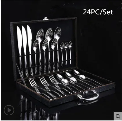 

12&24PC/Set Wooden Box Packing Cutlery Set Stainless Steel Western Food Tableware Sets Fork Steak Knife Dinnerware Set