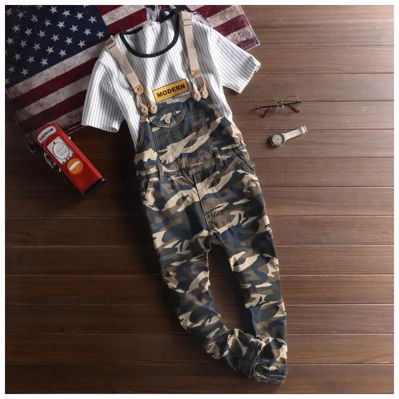 Pour Distrressed Nouveau Casual bleu De Vêtements Mode Salopette Mens Déchiré Denim Jeans Homme Hommes Camouflage Pantalon v7Szvr