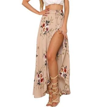 

Women White Irregular Long Skirt 2018 Summer Boho Vintage Floral Print Side Slit Wrap Maxi Skirt Girl Waist Skirts Female