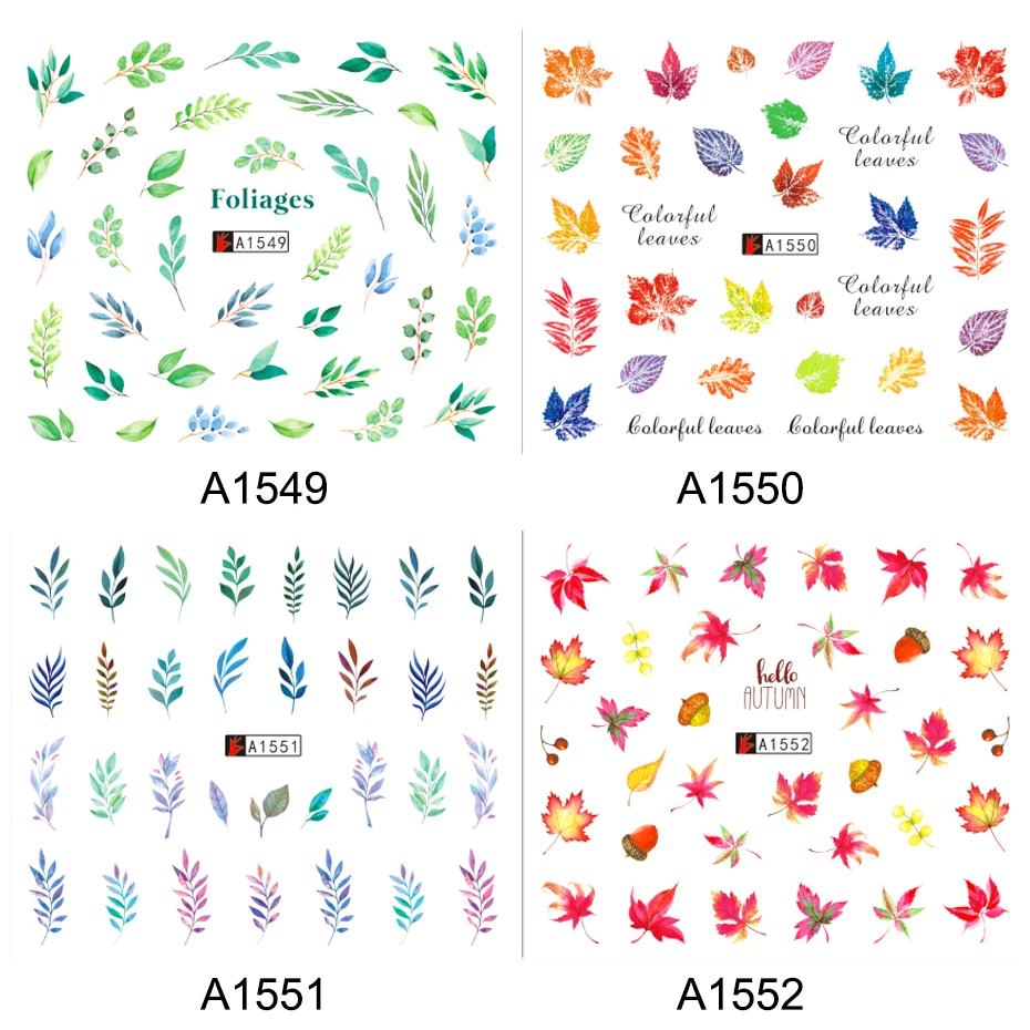 12 дизайнерских переводных наклеек для ногтей, набор, лето, цветные наклейки для ногтей в виде листьев, украшения, красивые татуировки, советы CHA1549-1560