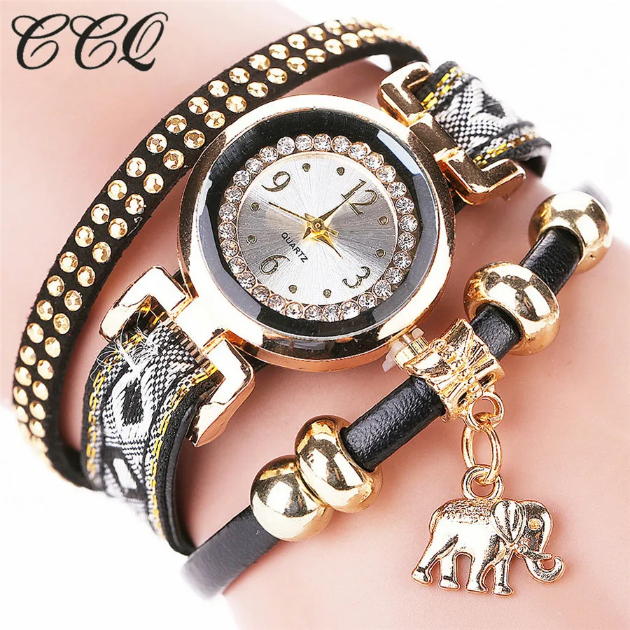 CCQ Luxury Brand Fashion Gold Elephant Pendant Bracelet Watch Women Rivet Wrist Watch Ladies Casual Quartz