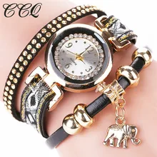 CCQ Luxurious Model Trend Gold Elephant Pendant Bracelet Watch Ladies Rivet Wrist Watch Women Informal Quartz Watch Relogio C59