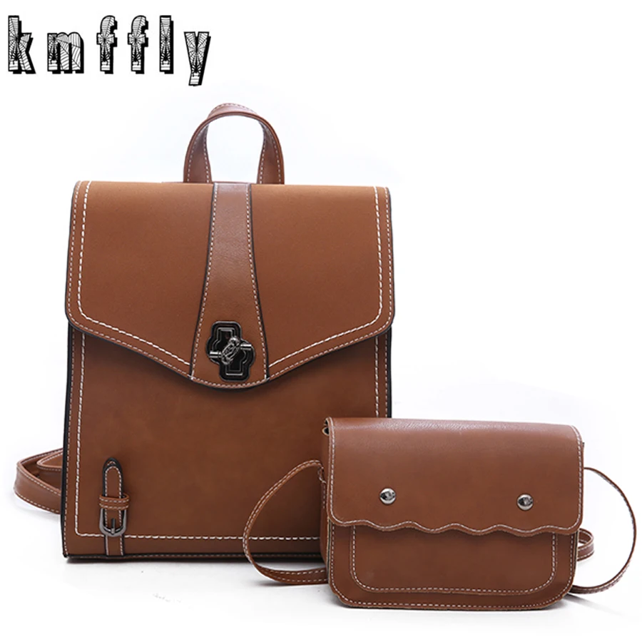 

2019 NEW Vintage Backpack 2pcs Set Women Backpack PU Leather School Bag Women Casual Style A4 Paper Women Backpacks Shoulder Bag