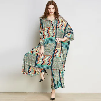 

Women's Paris Chiffon Printing Suit Color Geometric Shirt+pant Suits