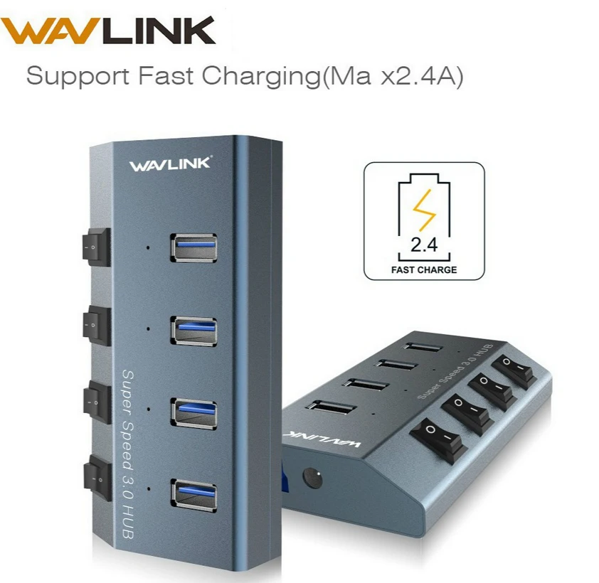 

Wavlink Aluminum 4-Port 3 USB 3.0 Hub +1 Fast Charging usb hub with power adapter and Switches LEDs 2.6ft Extension Cable 20V/4A