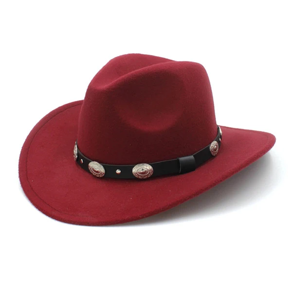 LUCKYLIANJI, шерсть, войлок, женская мужская Ковбойская шляпа в западном стиле с широкими полями, панк, кожаный ремень, шляпа-федора(Размер: 57 см/США 7 1/8