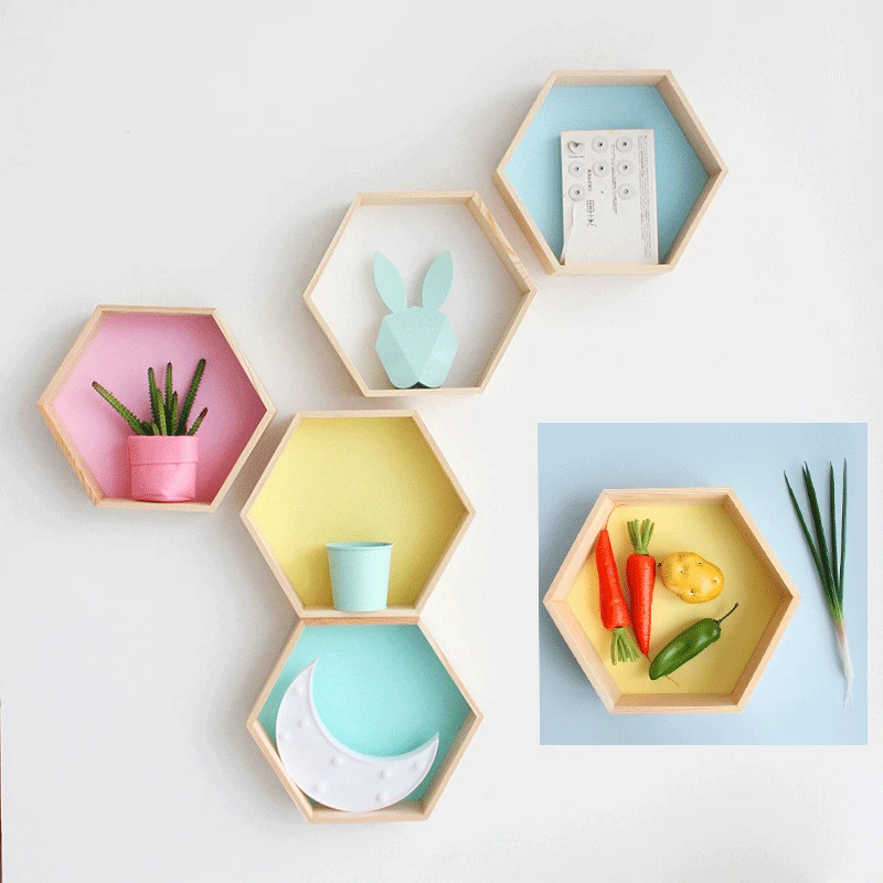 

2Pcs/Set Girl Baby Bedroom Storage Racks DIY Stars Creative Nordic Home Decor Hexagonal Frame Wooden Pink White Honeycomb Frame