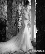 Free Shipping Sexy Low Back V Neck Tulle Bottom Court Train Full Sleeves Lace Top Wedding Dress 2015 Bridal Gown MF619