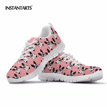 

INSTANTARTS Classy Boston Terrier Dog Pattern Sneakers Women Casual Shoes Pink Breathable Tenis Walking Flat Shoes Woman Flats