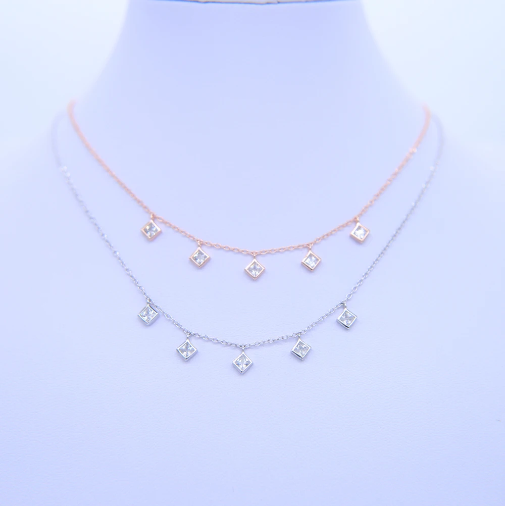 

33+7cm chain 2018 new arrival dainty thin chain sparking square charm pendant drop 925 sterling silver delicate choker necklace