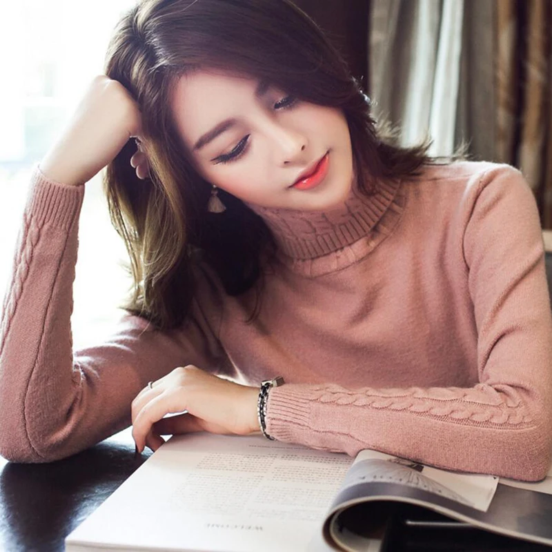 Цена Женский свитер с высоким воротом, зима 2019, толстый теплый женский пуловер и свитер, вязаный эластичный Модный женский джемпер, топы