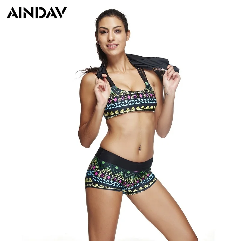 Brand Women Cute Pineapple Print Tankini with Boxer Shorts Sports Swimsuit  3 Pieces Suits Beach Bathing Suit  Ladies Swimwear