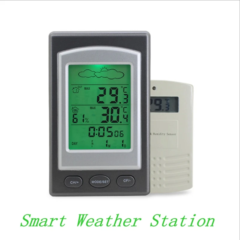 

Wireless Weather Station Digital Smart Home Thermometer Hygrometer In Outdoor Alarm Clock 100M Temperature Sensor Green Backlit
