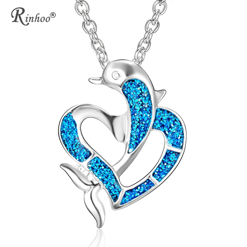 

RINHOO Fashion Silver Filled Blue Dolphin Heart Love Pendant Necklace for Women Female Animal Wedding Ocean Beach Jewelry Gift