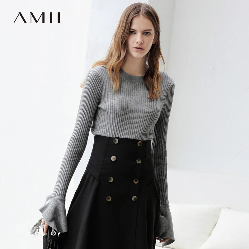

Amii Minimalist Women 2019 Autumn Sweater Chic Flare Sleeve High Quality Original Design Female Pullovers Sweaters