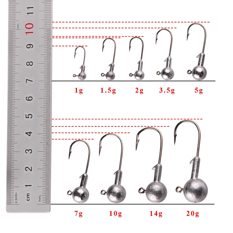 1 коробка(20-50 шт.) крючок с головкой джига 1 г 1,5 г 2 г 3,5 г 5 г 7 г 10 г 14 г 20 г свинцовый крючок с колючей спинкой для мягкой червячной приманки Hamecons De Peche
