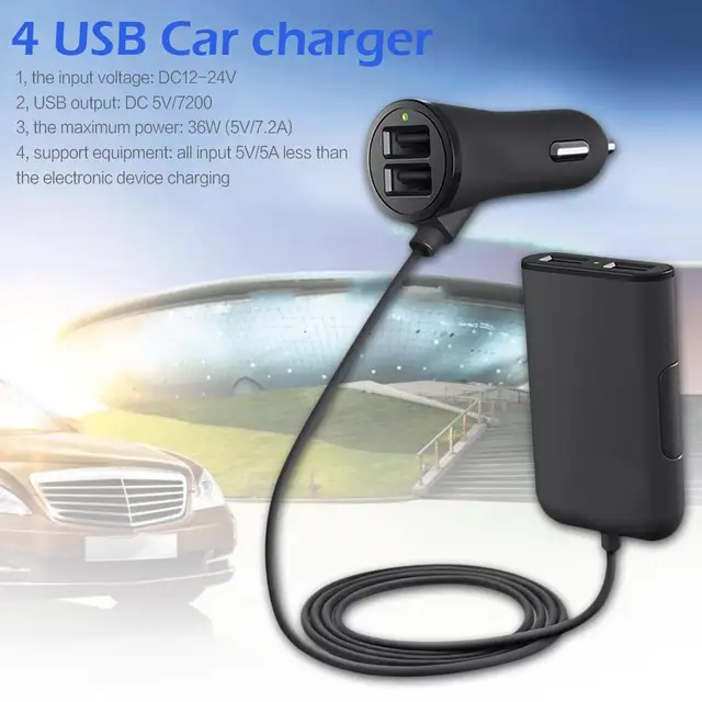 Universal 36W 4 USB Car Charger with 5.9ft Extension Cord Cable Car