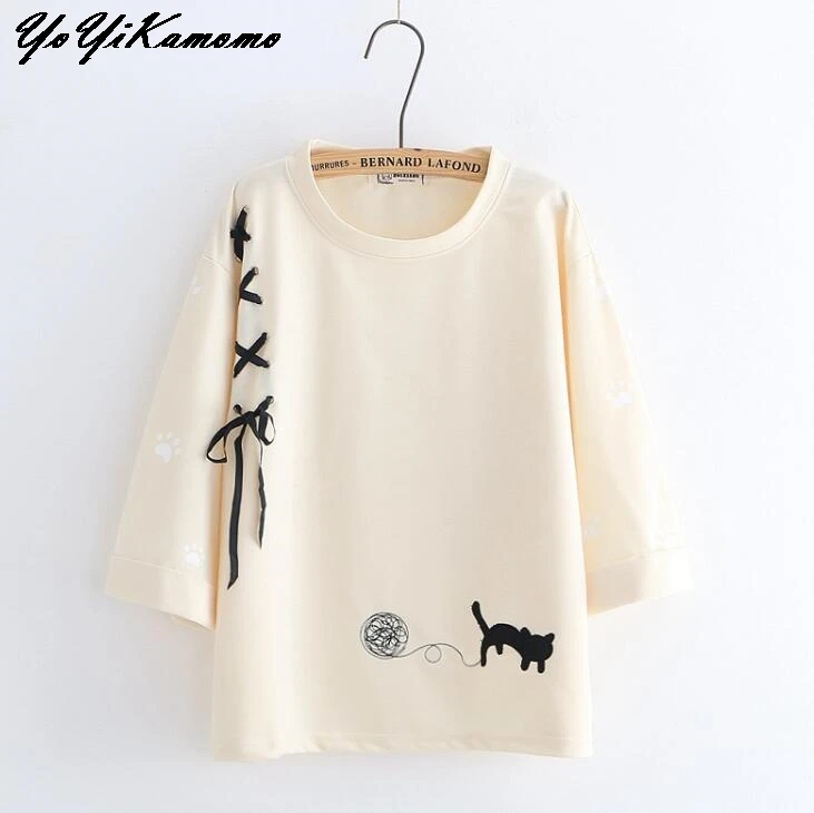 

2018 Autumn Spring Women T shirt Loose Half Sleeve Cartoon T-shirt Print Mori Girl Ladies Tops Loose Big Size Tops