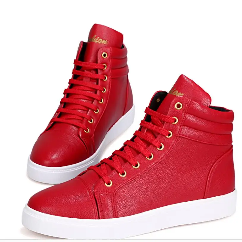 Новая модная высокая повседневная обувь для мужчин мужская повседневная обувь из искусственной кожи на шнуровке красного белого и черного цвета мужская обувь с высоким берцем в розницу