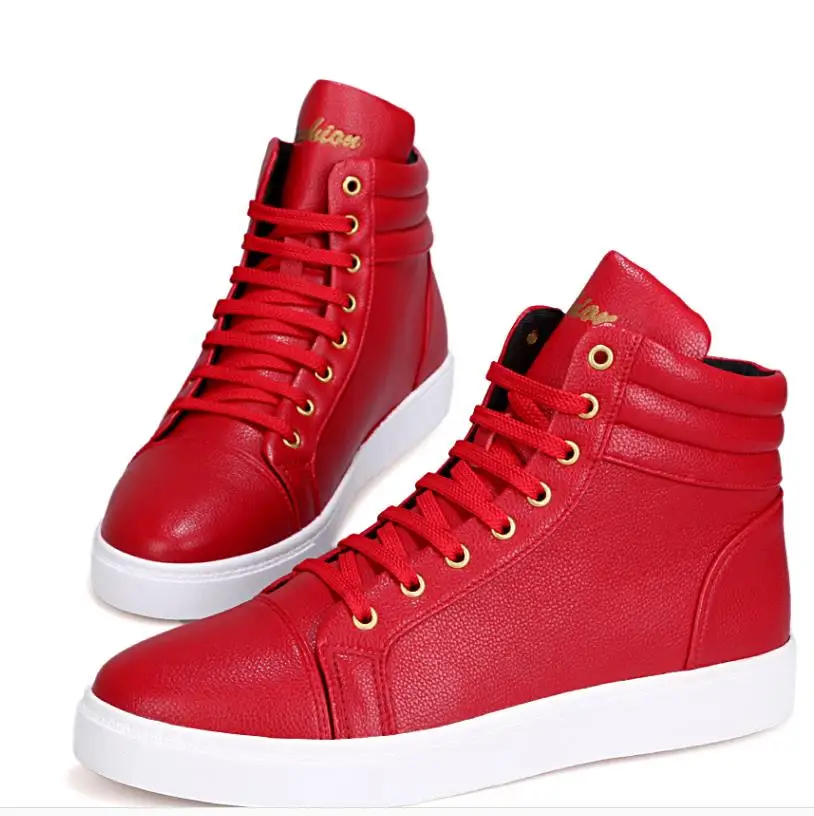 New Fashion High Top Casual Shoes For Men PU Leather Lace Up Red White Black Color Mens Casual Shoes Men High Top Shoes Retail